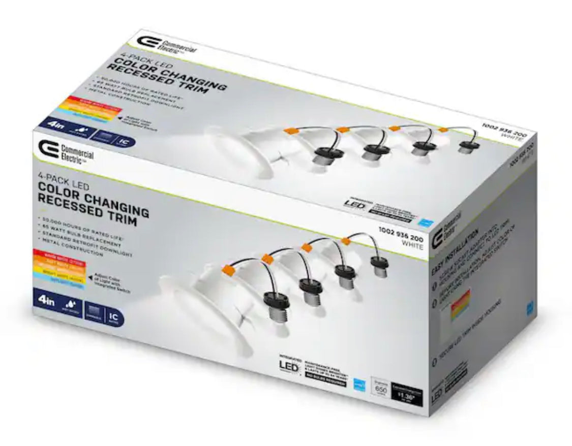 Commercial Electric 4 in. New Construction or Remodel White Dimmable LED Recessed Trim with Adjustable Color Changing Technology (4-Pack) - Damaged Box