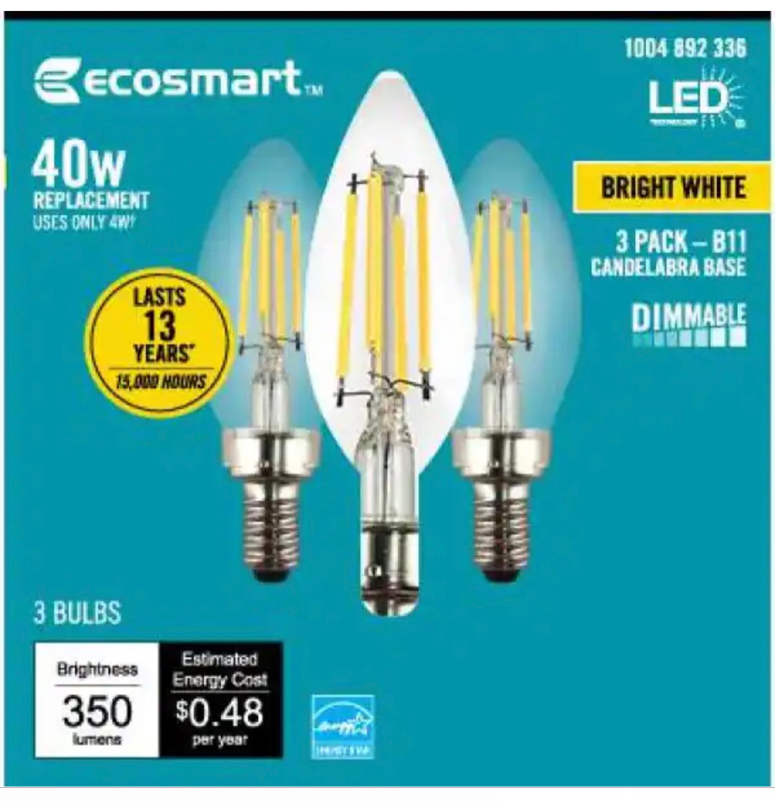 EcoSmart 40-Watt Equivalent B11 Dimmable Candelabra ENERGY STAR Clear Glass LED Vintage Edison Light Bulb Bright White (3-Pack) - Damaged Box