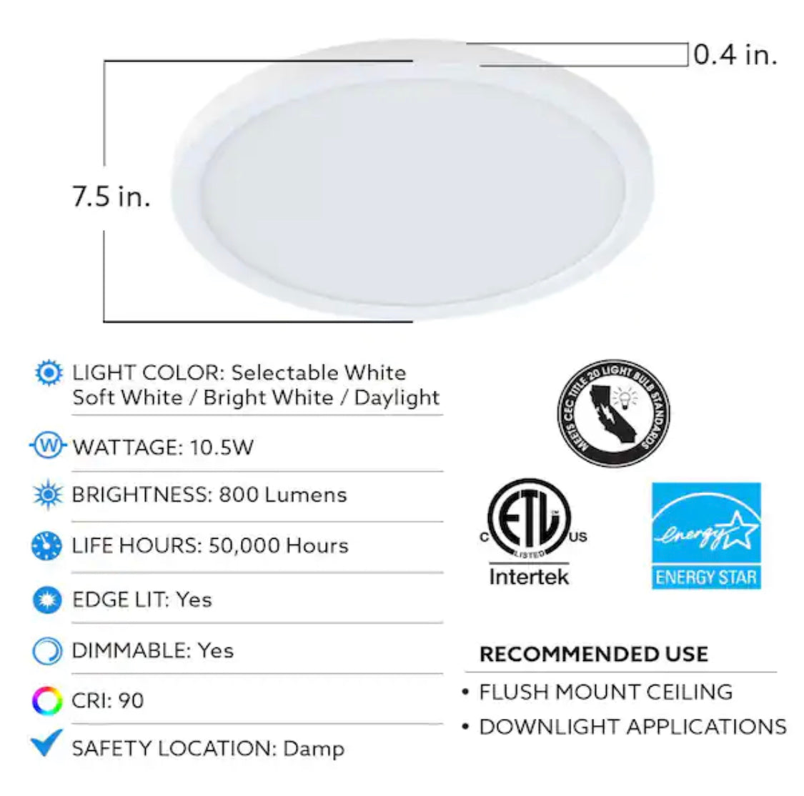 Feit Electric 7.5 in. 10.5-Watt Title 24 Dimmable White Integrated LED Round Flat Panel Ceiling Flush Mount with Color Change CCT - Damaged Box