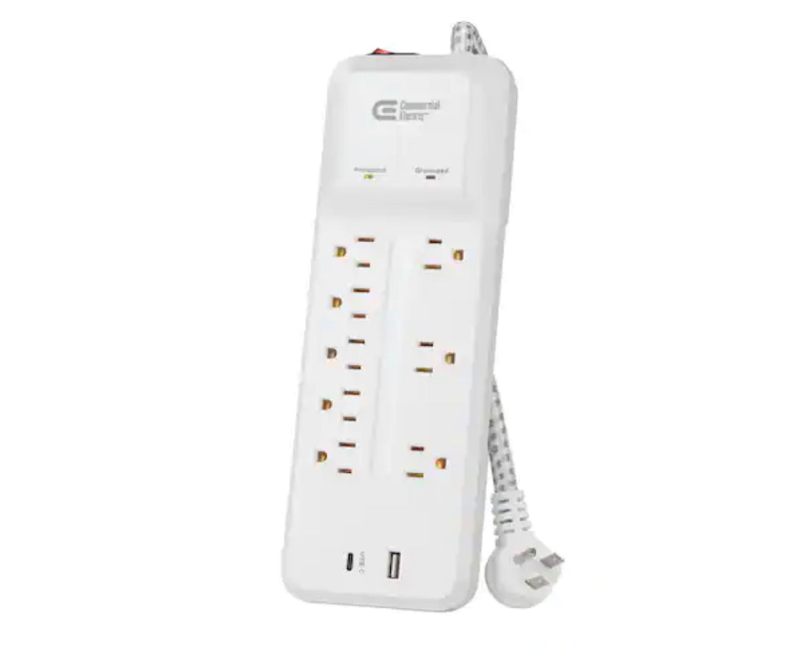 Commercial Electric 12 ft. Braided Cord 8-Outlet Surge Protector with USB, White