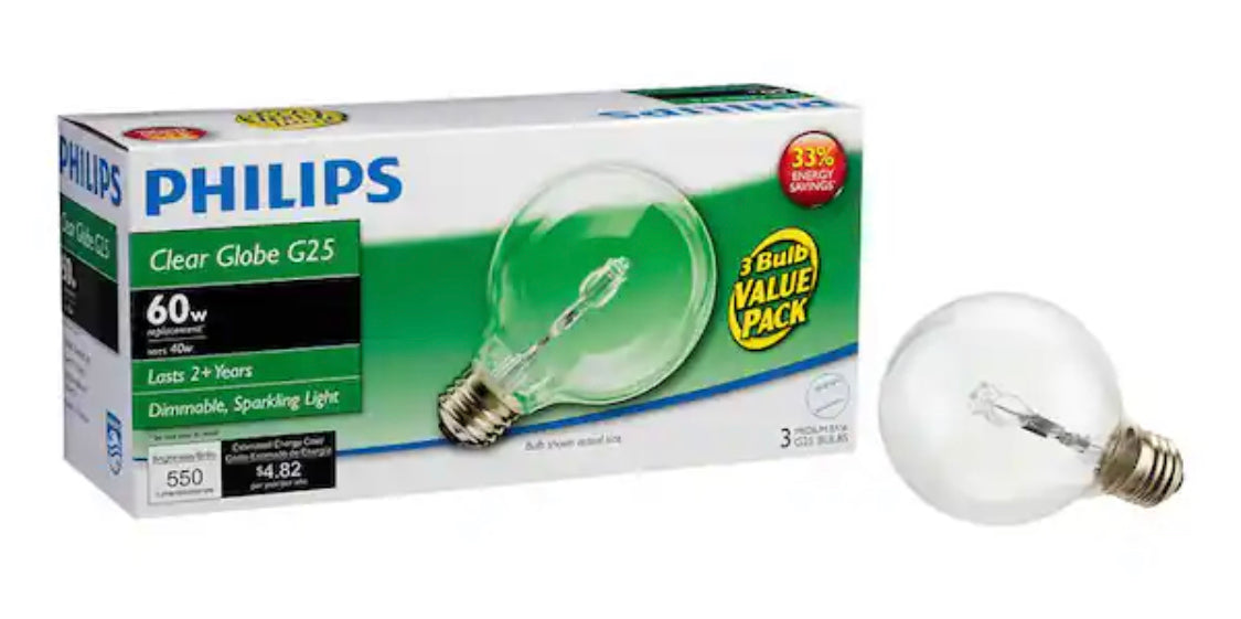 Philips 60-Watt Equivalent G25 E26 BaseHalogen Clear Decorative Globe Light Bulb (3-Pack) - Damaged Box