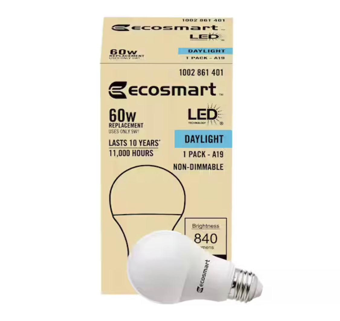 EcoSmart 60-Watt Equivalent A19 Non-Dimmable LED Light Bulb Daylight 5000 (1-Pack)