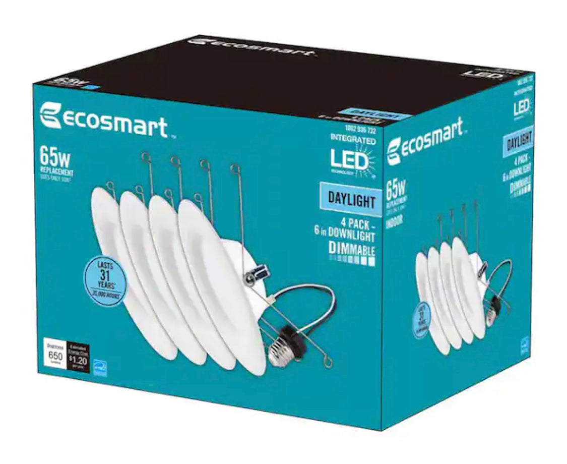EcoSmart 6 in. Canless New Construction or Remodel White Dimmable Integrated LED Recessed Light Trim Daylight (4-Pack) - Damaged Box