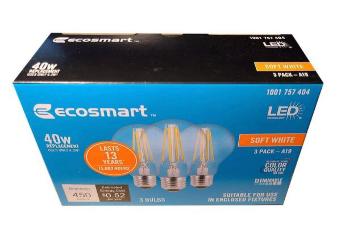 EcoSmart 40-Watt Equivalent A19 General Purpose Dimmable Clear Glass Filament Vintage Style LED Light Bulb Soft White (3-Pack) - Damaged Box