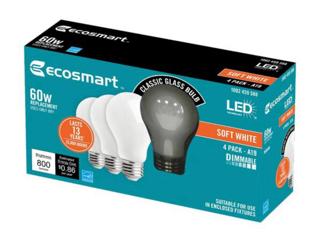 EcoSmart 60-Watt Equivalent A19 Dimmable Energy Star Frosted Filament LED Light Bulb Soft White (4-Pack) - Damaged Box