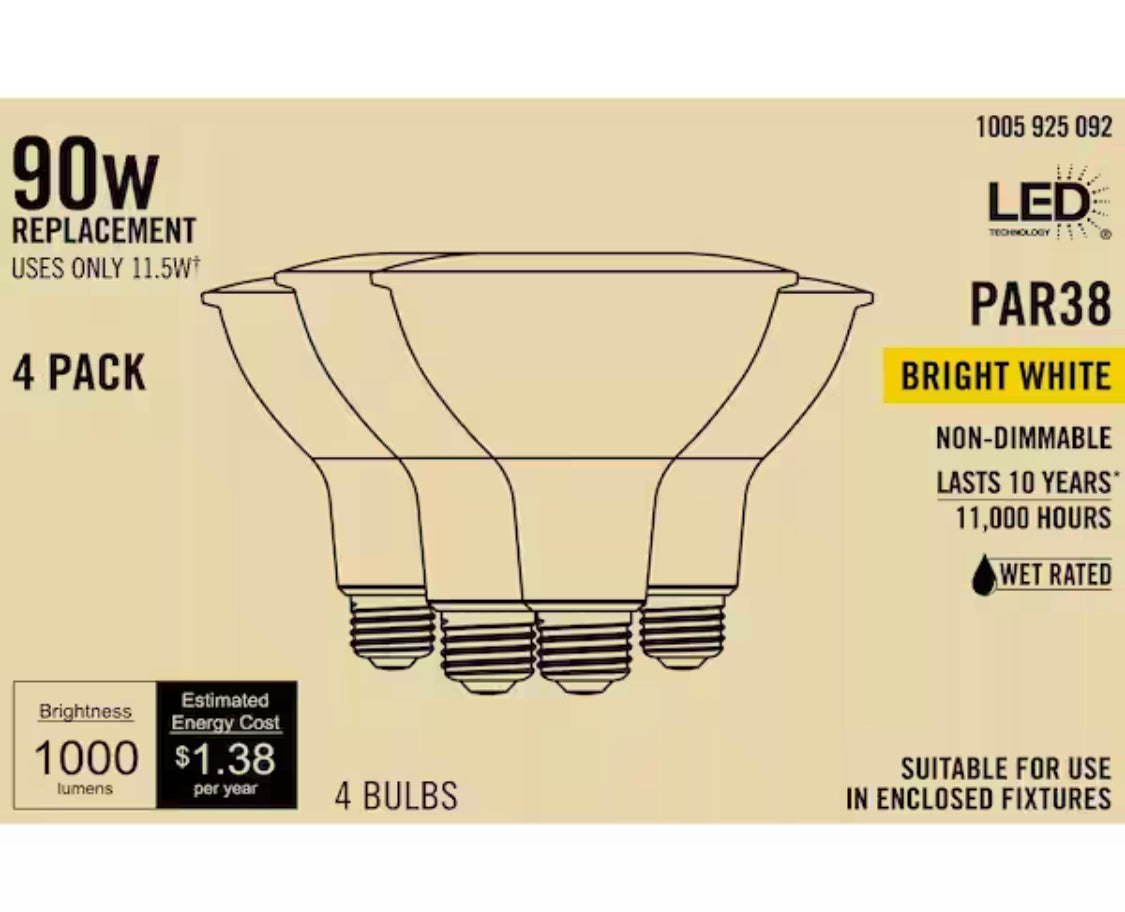 90-Watt Equivalent PAR38 Non-Dimmable Flood LED Light Bulb Bright White (4-Pack)