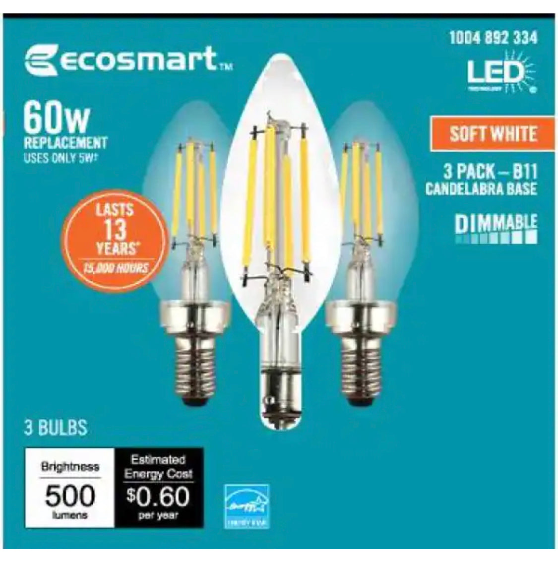 EcoSmart 60-Watt Equivalent B11 Dimmable E12 Candelabra ENERGY STAR Clear Glass LED Vintage Edison Light Bulb Soft White (3-Pack) - Damaged Box