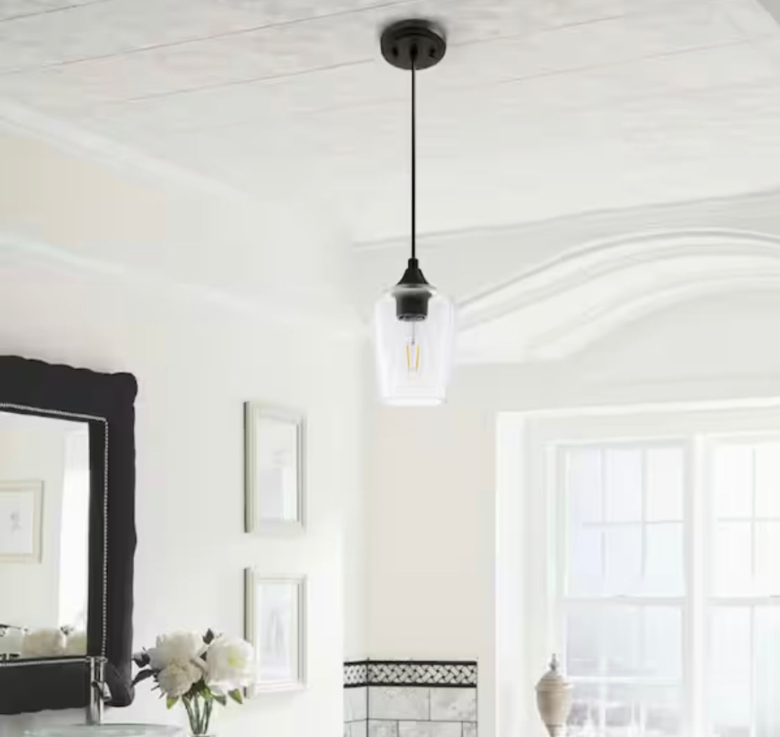 Top Rated Merra 5 in. W x 6 in. H 1-Light Matt Black Pendant with Clear Glass Shade - Damaged Box