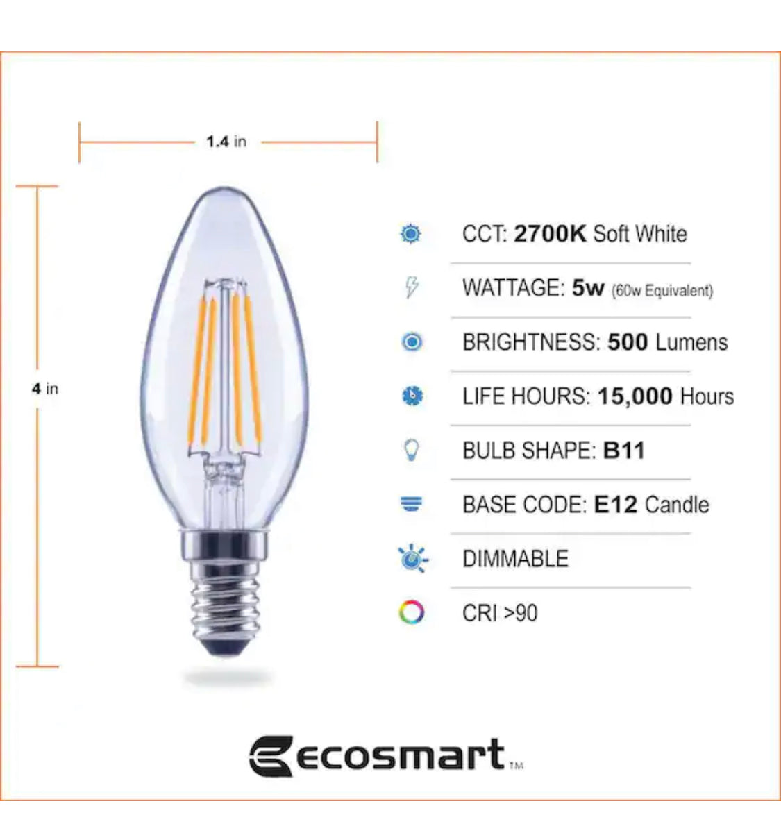 EcoSmart 60-Watt Equivalent B11 Dimmable E12 Candelabra ENERGY STAR Clear Glass LED Vintage Edison Light Bulb Soft White (3-Pack) - Damaged Box