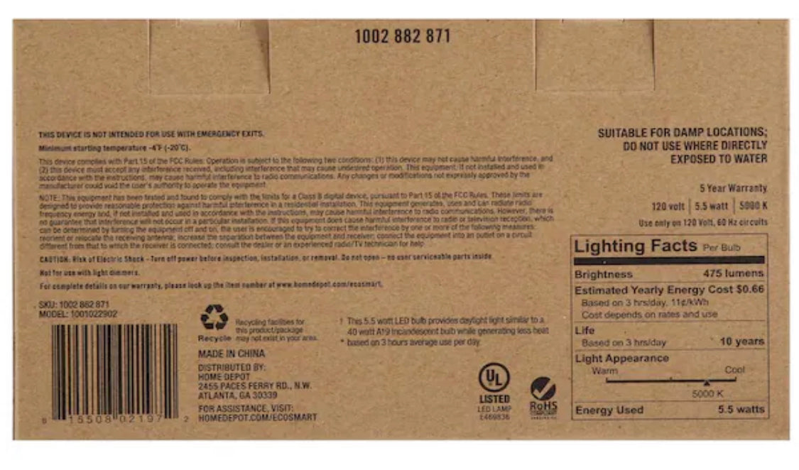 40-Watt Equivalent A19 Non-Dimmable LED Light Bulb Daylight (8-Pack) - Damaged Box