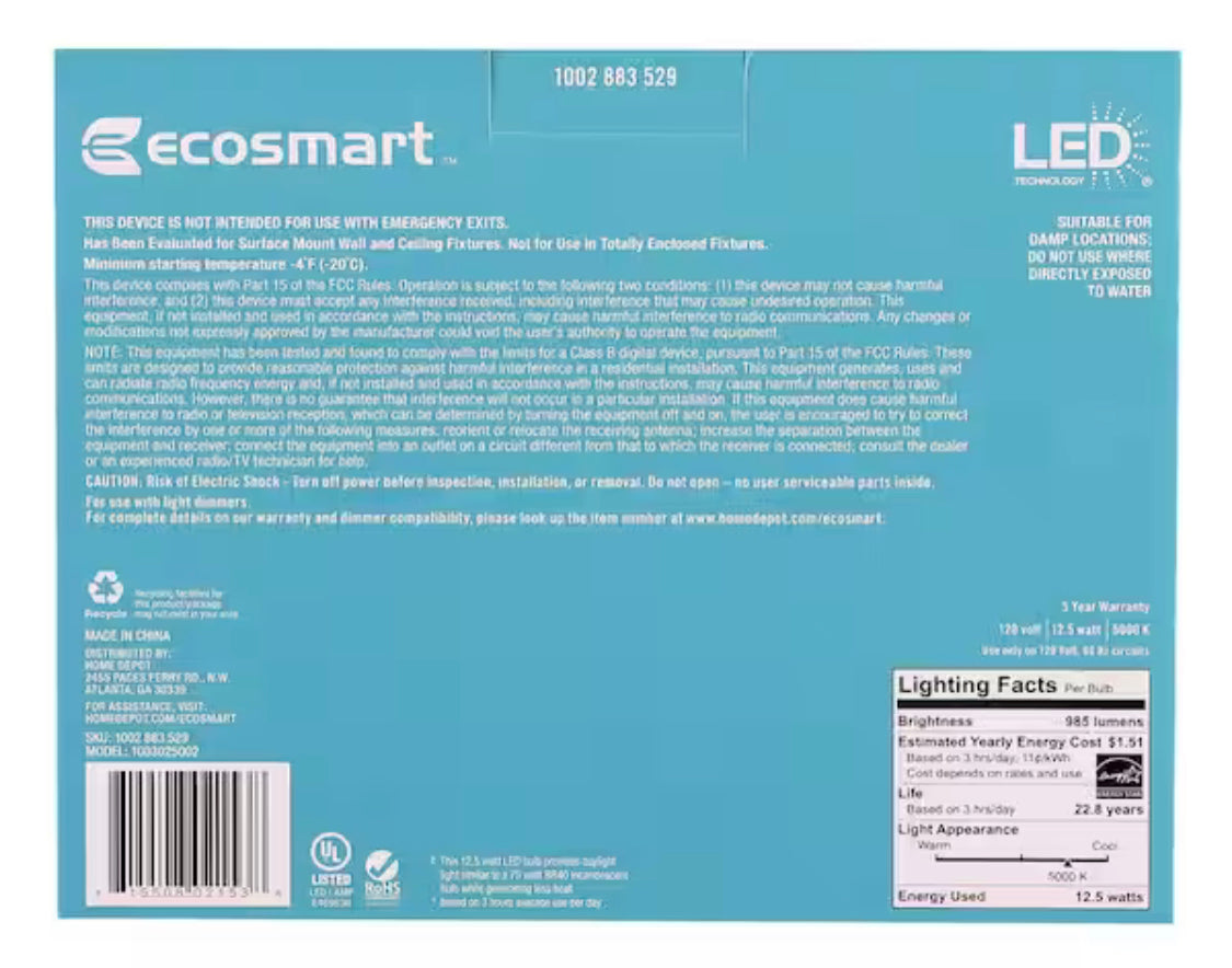 EcoSmart 75-Watt Equivalent BR40 Dimmable Energy Star LED Light Bulb Daylight (2-Pack) - Damaged Box