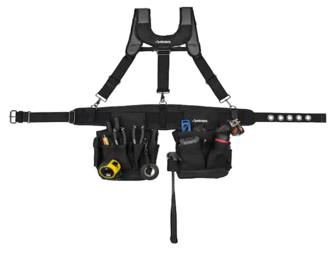 Husky 2-Bag 14-Pocket Black Electricians Suspension Rig Work Belt with Suspenders