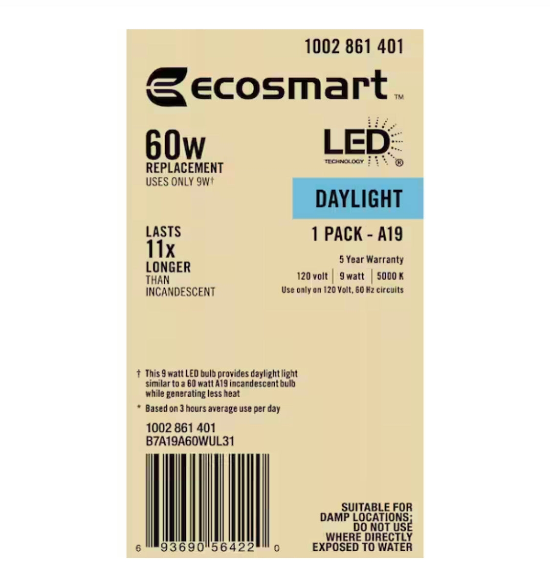 EcoSmart 60-Watt Equivalent A19 Non-Dimmable LED Light Bulb Daylight 5000 (1-Pack)