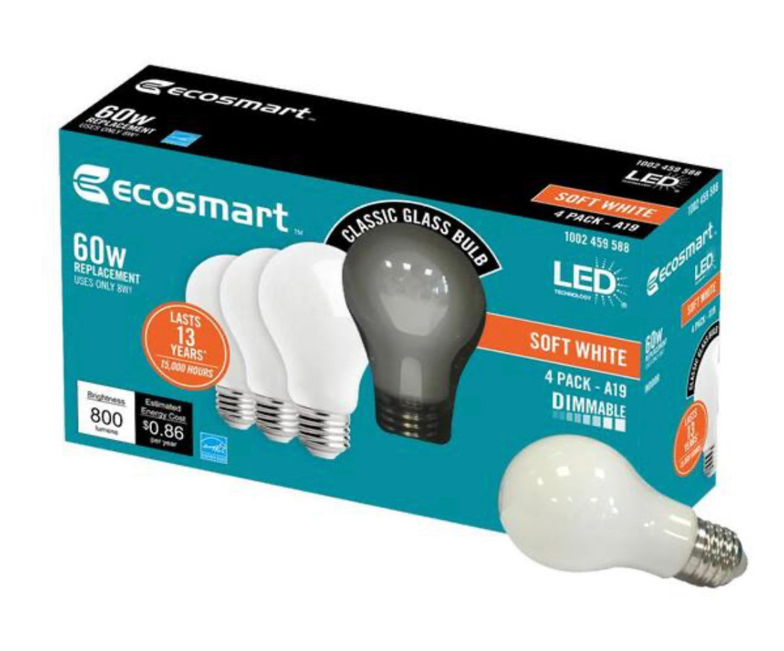 EcoSmart 60-Watt Equivalent A19 Dimmable Energy Star Frosted Filament LED Light Bulb Soft White (4-Pack) - Damaged Box