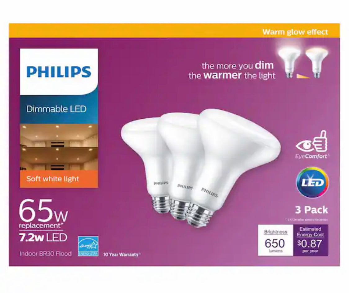 Philips 65-Watt Equivalent with Warm Glow BR30 Dimmable LED ENERGY STAR Light Bulb, Soft White (3-Pack) - Damaged Box