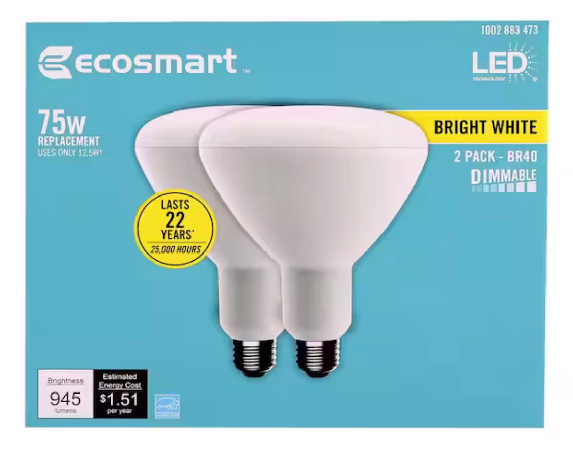 EcoSmart 75-Watt Equivalent BR40 Dimmable Energy Star LED Light Bulb Bright White (2-Pack)