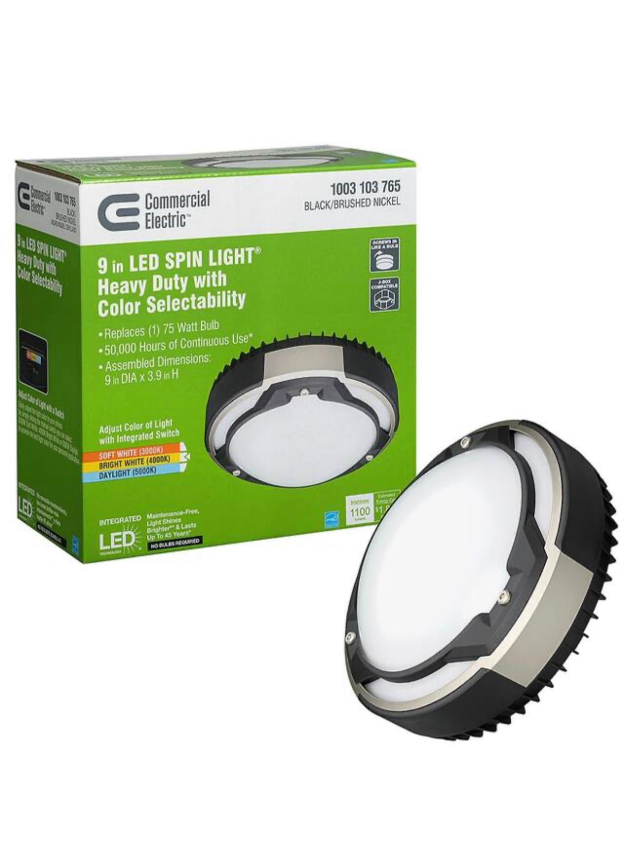 Commercial Electric Spin Light 9 in. Heavy Duty Brushed Nickel Selectable LED Flush Mount Ceiling Light 1100 Lumens 3000K 4000K 5000K Damaged Box