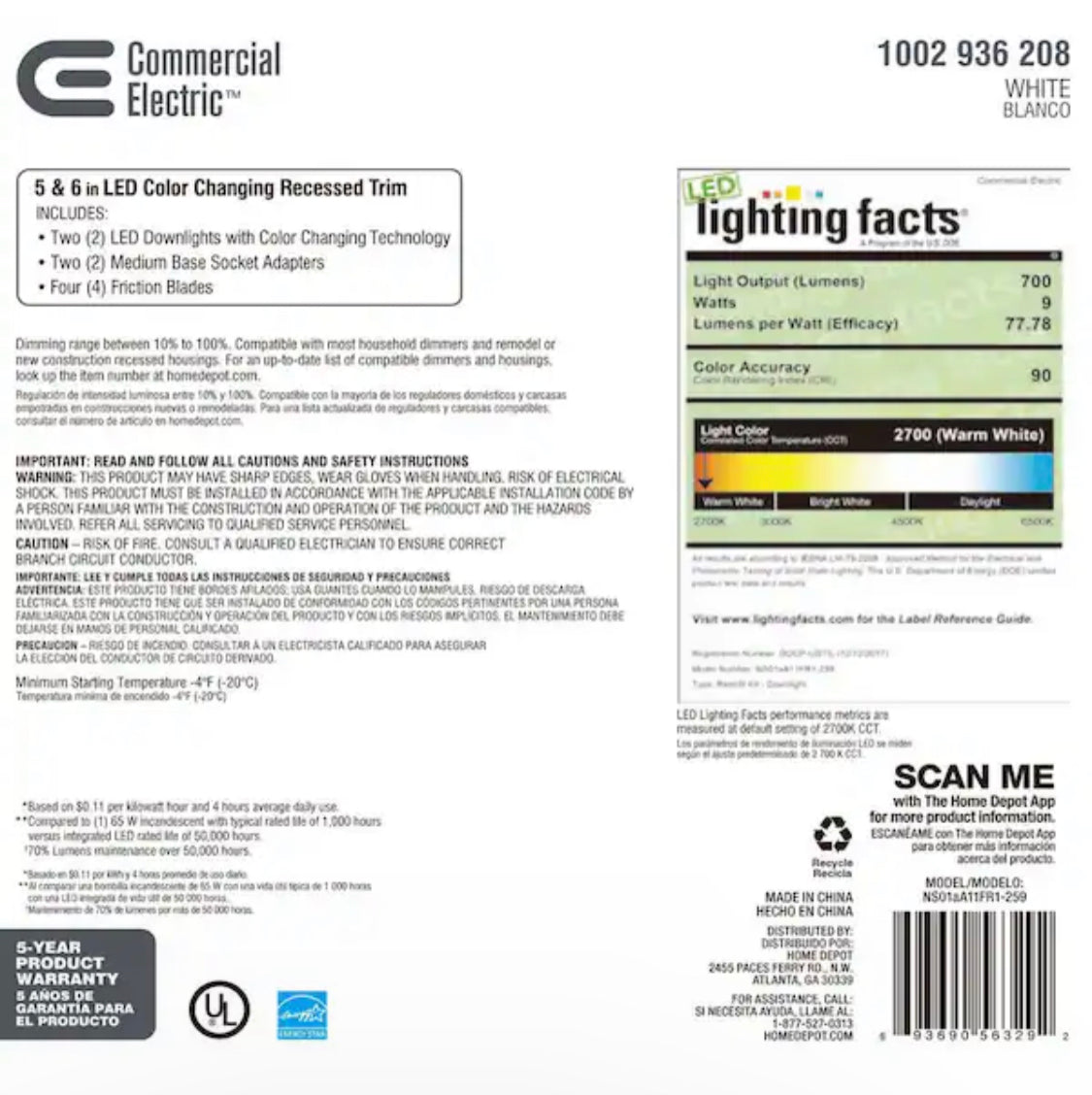 Commercial Electric 6 in. New Construction/Remodel Matte White Dimmable LED Recessed Trim with Adjustable Color Changing Technology (2-Pack) - Damaged Box