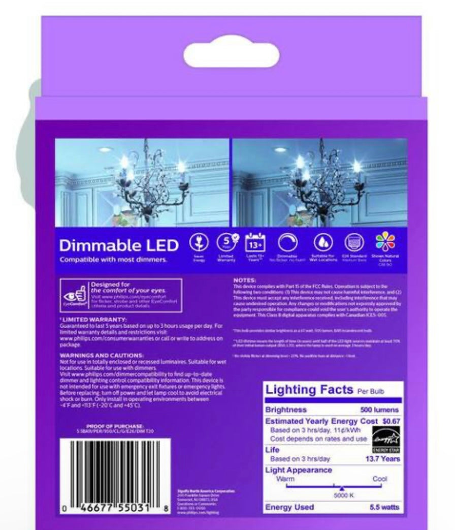 Philips 60-Watt Equivalent B11 Dimmable Edison LED Candle Light Bulb Glass Bent Tip Medium Base Daylight (5000K) (3-Pack) - Damaged Box