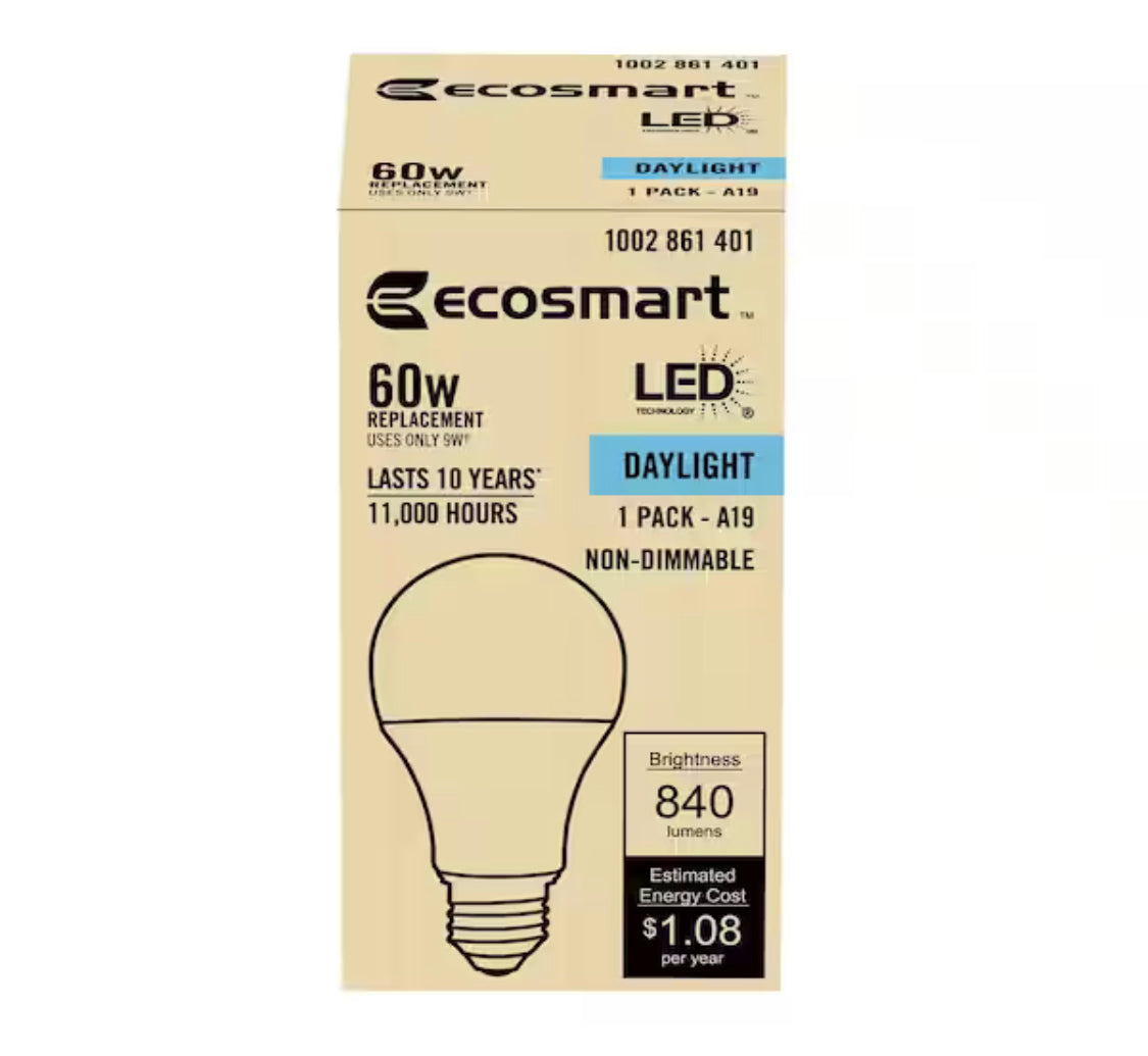 EcoSmart 60-Watt Equivalent A19 Non-Dimmable LED Light Bulb Daylight 5000 (1-Pack)