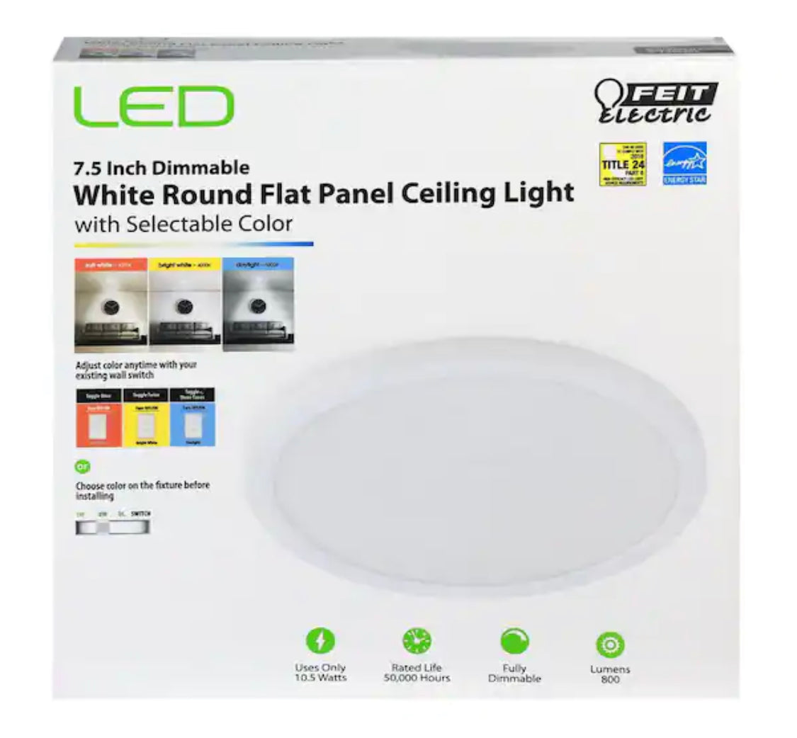 Feit Electric 7.5 in. 10.5-Watt Title 24 Dimmable White Integrated LED Round Flat Panel Ceiling Flush Mount with Color Change CCT - Damaged Box