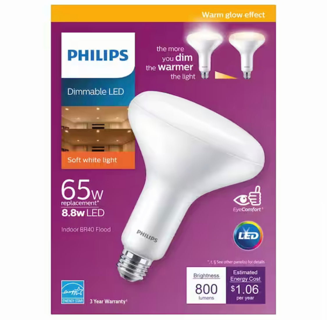 Philips 65-Watt Equivalent BR40 Dimmable LED Light Bulb Soft White with Warm Glow Dimming Effect (1-Bulb) - Damaged Box