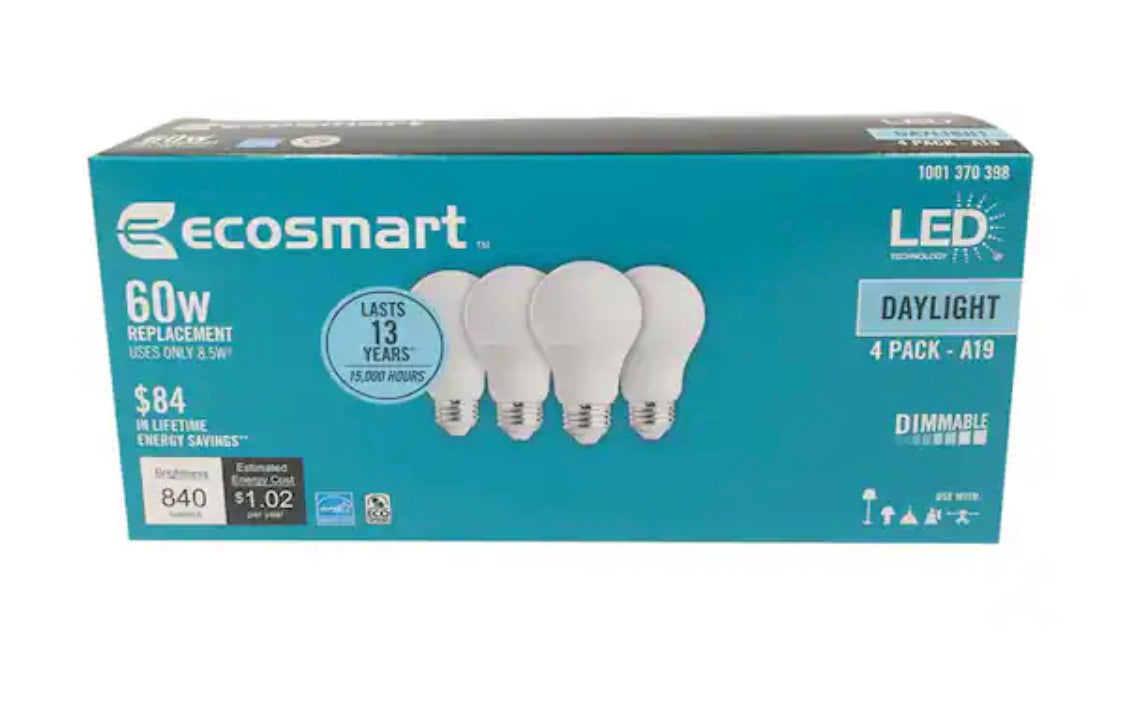 EcoSmart 60-Watt Equivalent A19 Dimmable Energy Star LED Light Bulb Daylight (4-Pack) - Damaged box