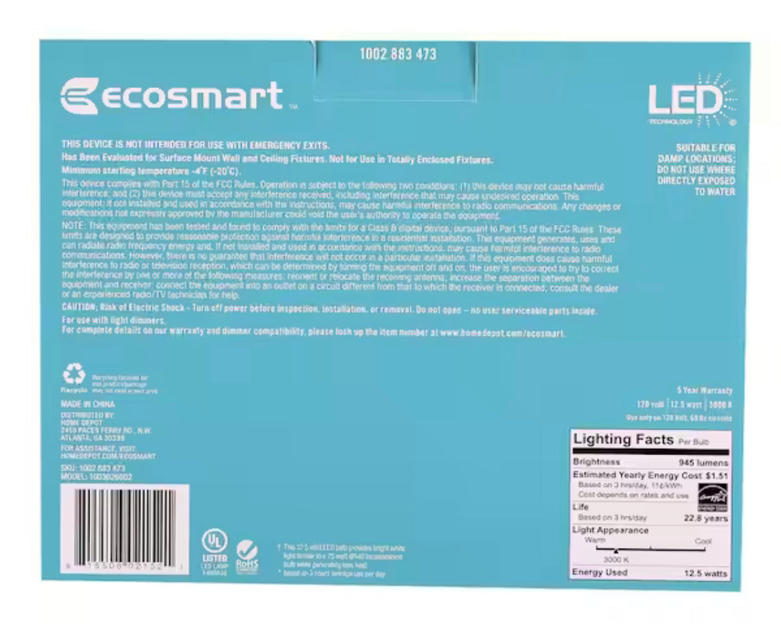 EcoSmart 75-Watt Equivalent BR40 Dimmable Energy Star LED Light Bulb Bright White (2-Pack)