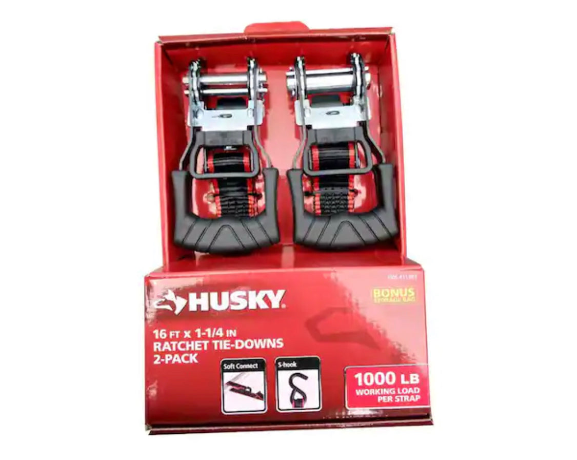 Husky 16 ft. x 1.25 in. Ratchet Tie-Down Straps with S-Hook (2-Pack)