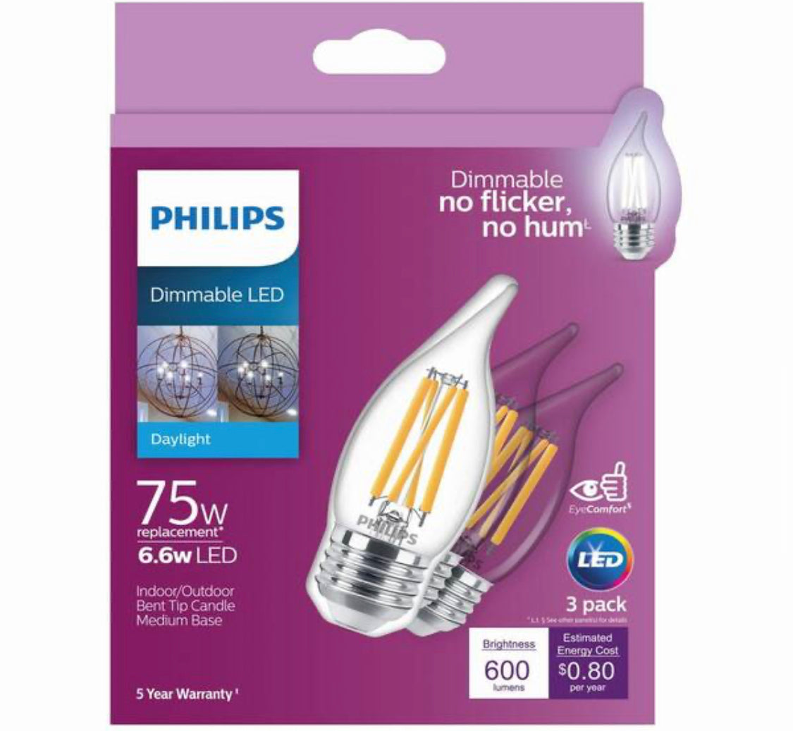 Philips 75-Watt Equivalent BA11 Dimmable Edison Glass LED Candle Light Bulb Bent Tip Medium Base Daylight (5000K) (3-Pack) - Damaged Box