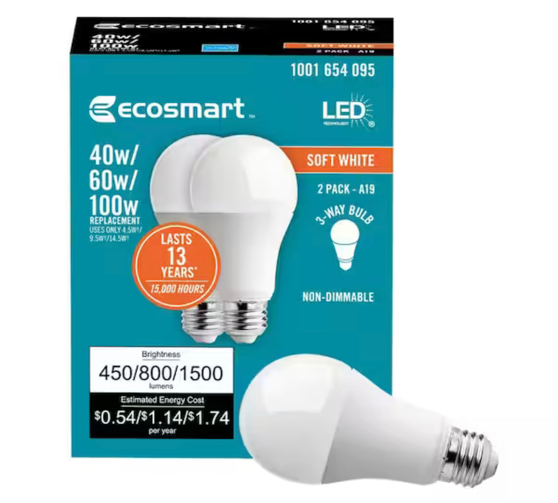 EcoSmart 40/60/100 Watt Equivalent A19 Energy Star 3-Way LED Light Bulb Soft White (2-Pack) - Damaged Box
