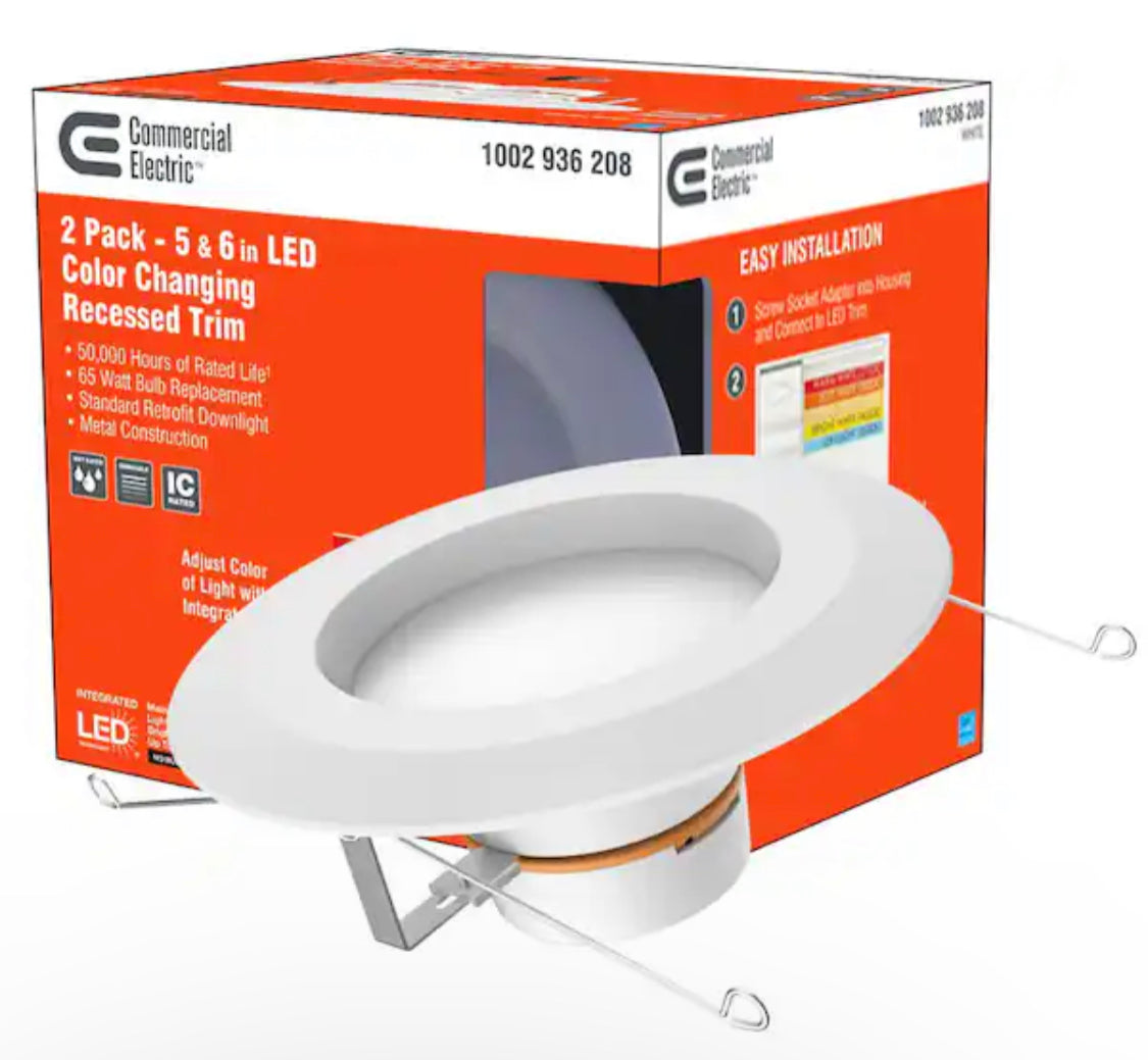 Commercial Electric 6 in. New Construction/Remodel Matte White Dimmable LED Recessed Trim with Adjustable Color Changing Technology (2-Pack) - Damaged Box
