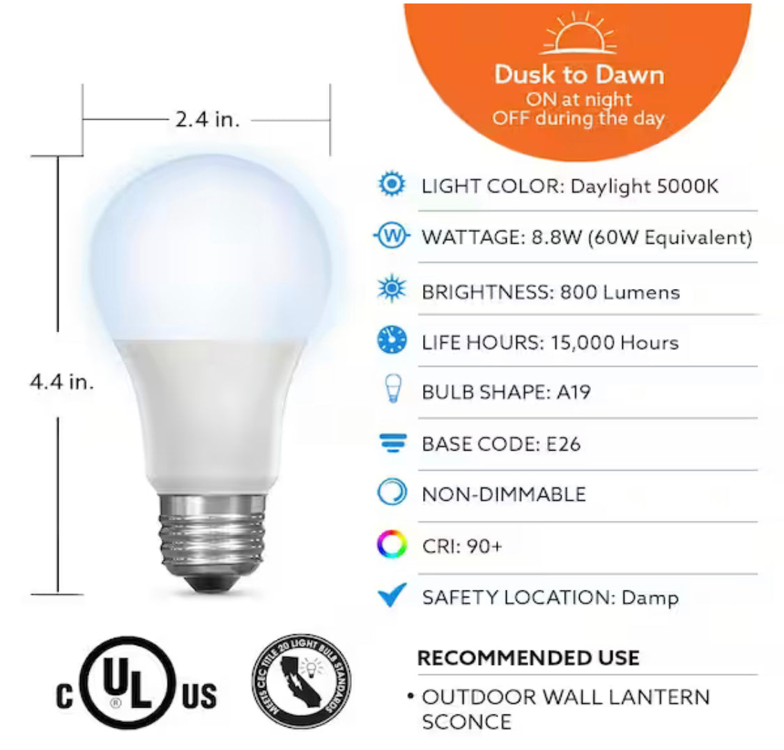 Feit Electric 60-Watt Equivalent A19 IntelliBulb Dusk to Dawn CEC Title 20 Compliant 90+ CRI LED Light Bulb, Daylight 5000K