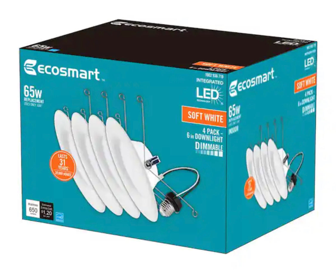 EcoSmart 6 in. Canless New Construction or Remodel White Dimmable Integrated LED Recessed Light Trim Daylight (4-Pack) - Damaged Box