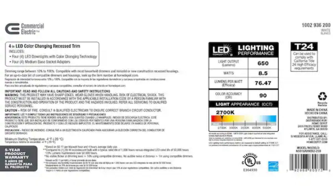 Commercial Electric 4 in. New Construction or Remodel White Dimmable LED Recessed Trim with Adjustable Color Changing Technology (4-Pack) - Damaged Box