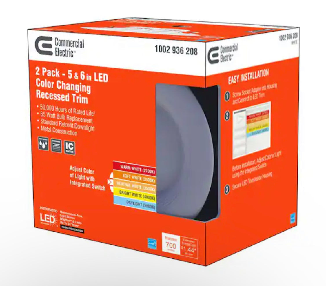 Commercial Electric 6 in. New Construction/Remodel Matte White Dimmable LED Recessed Trim with Adjustable Color Changing Technology (2-Pack) - Damaged Box