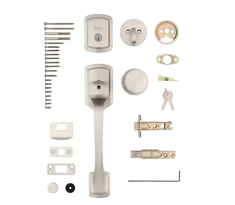 Kwikset Prague Satin Nickel Single Cylinder Entry Door Handleset with Round Pismo Knob Featuring SmartKey Security