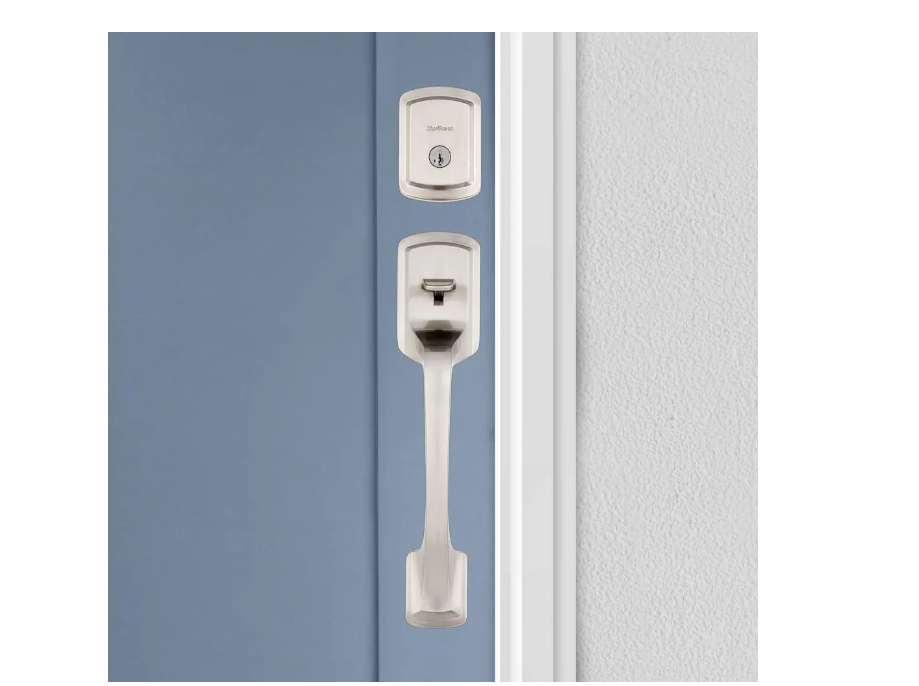 Kwikset Prague Satin Nickel Single Cylinder Entry Door Handleset with Round Pismo Knob Featuring SmartKey Security