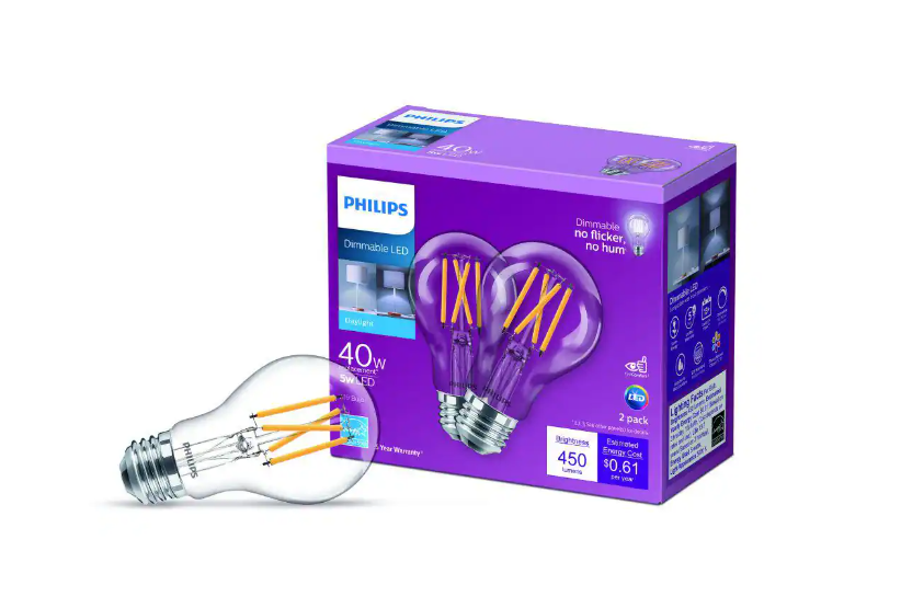 Philips 40 W Equivalent A19 Dimmable Energy Saving Clear Glass Indoor/Outdoor LED Light Bulb Daylight (5000K) (2-Pack) Damaged Box