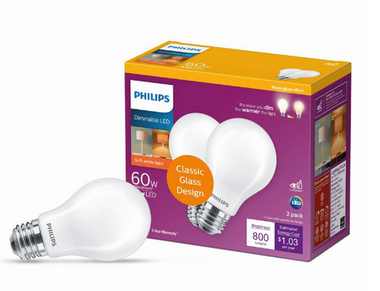 Philips 60 Watt Equivalent A19 Energy Saving LED Light Bulb in Soft White with Warm Glow Dimming Effect 2700K 2 Pack Damaged Box