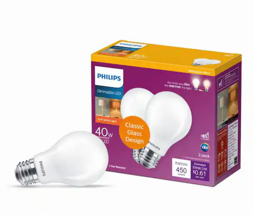 Philips 40-Watt Equivalent A19 Dimmable with Warm Glow Dimming Effect Energy Saving LED Light Bulb Soft White 2700K 2 Pack DAMAGED BOX