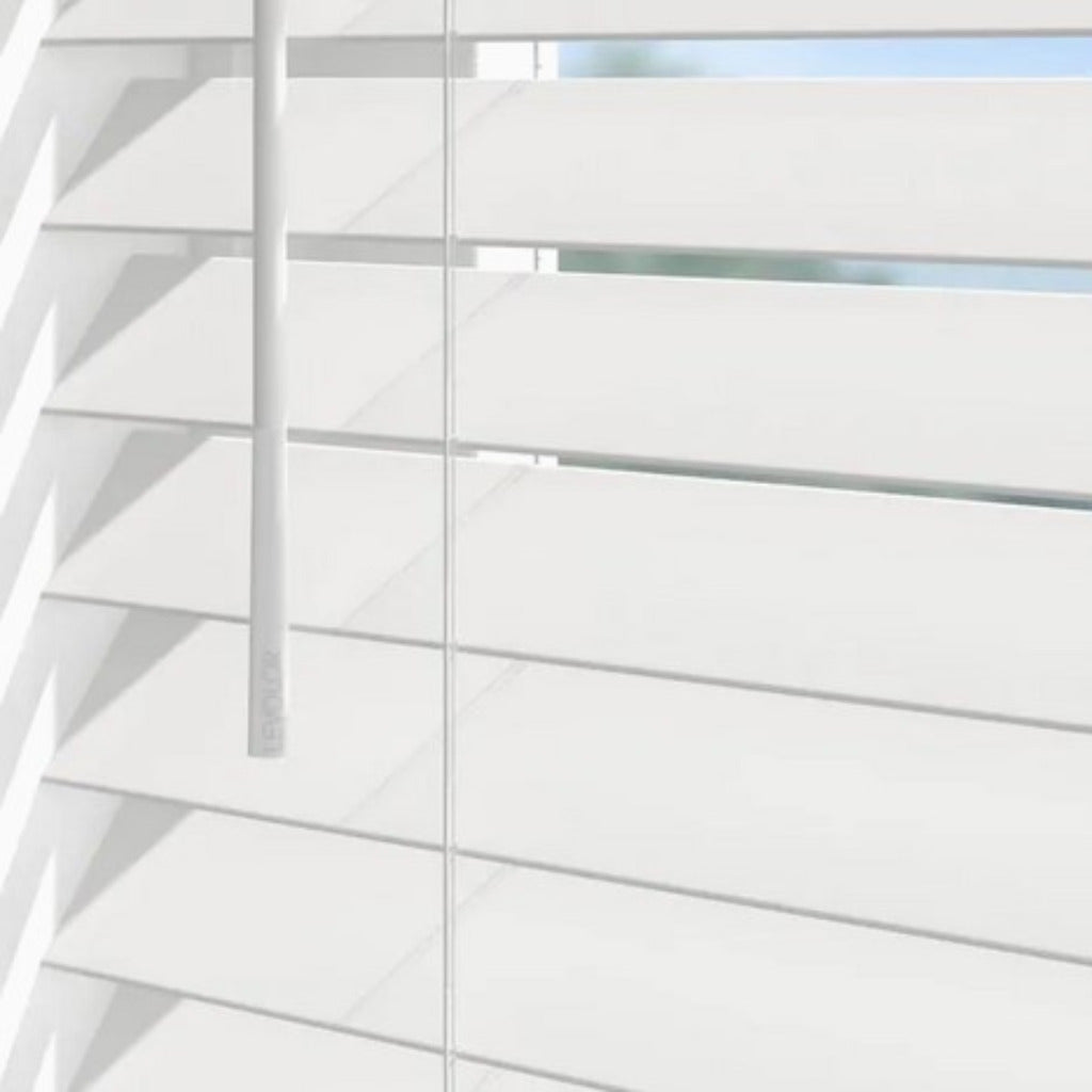 Levolor Trim Go 2 5inch Slat Width 23inch x 64inch Cordless White Faux Wood Blinds Damaged Box