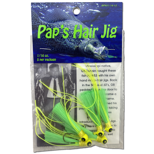 Paps Hair Jig Five Pack  Yellow Head Green Tail 1/16 Ounce