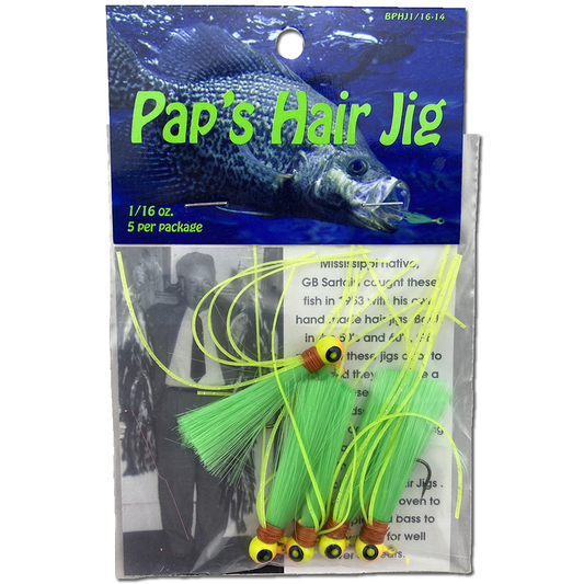 Paps Hair Jig 5 Pack Orange Yellow Head Green Tail 1/16 Ounce