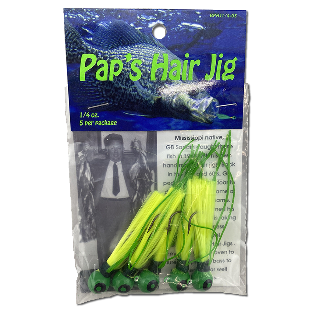 Paps Hair Jig 5 Pack  Green Head Yellow Tail