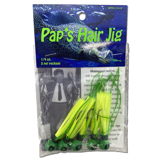 1 4 oz Paps Hair Jig 5 Pack  Green Head Yellow Tail