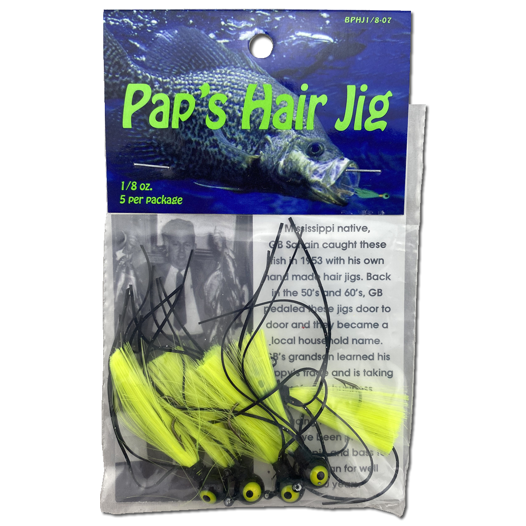 1 8 oz Paps Hair Jig 5 Pack Black Head Yellow Tail