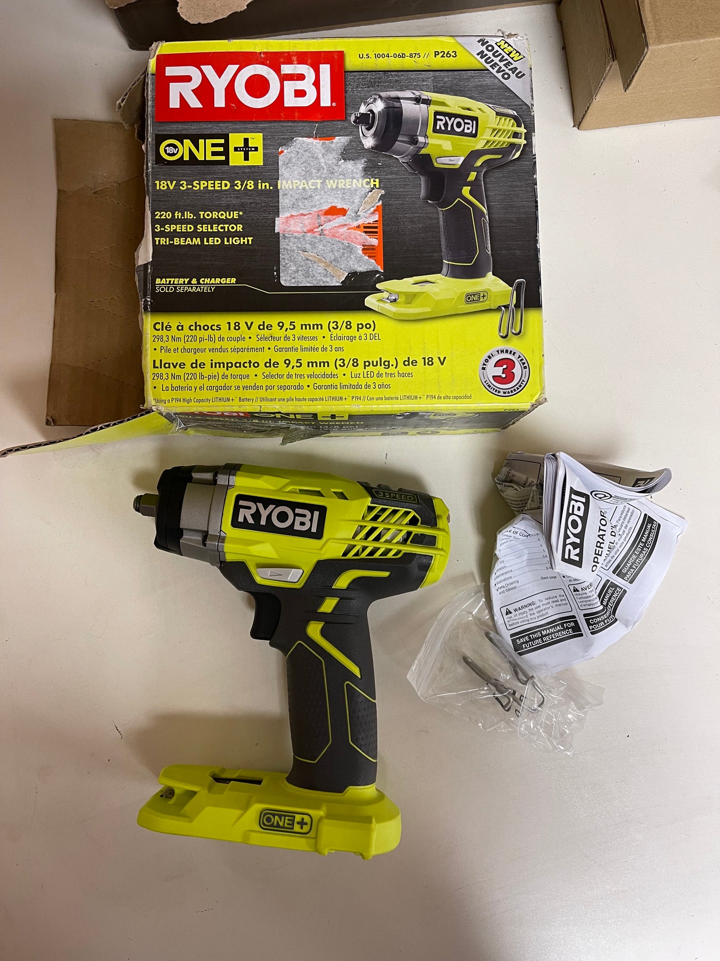 Ryobi One Plus 18V Cordless 3/8in. 3 Speed Impact Wrench (Tool Only) Damaged Box