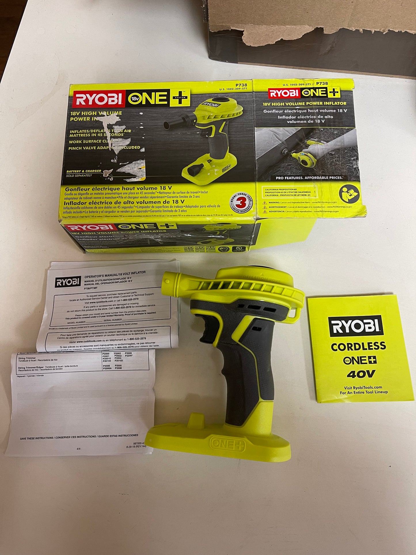 Ryobi One Plus 18V Cordless High Volume Power Inflator (tool Only) Damaged Box