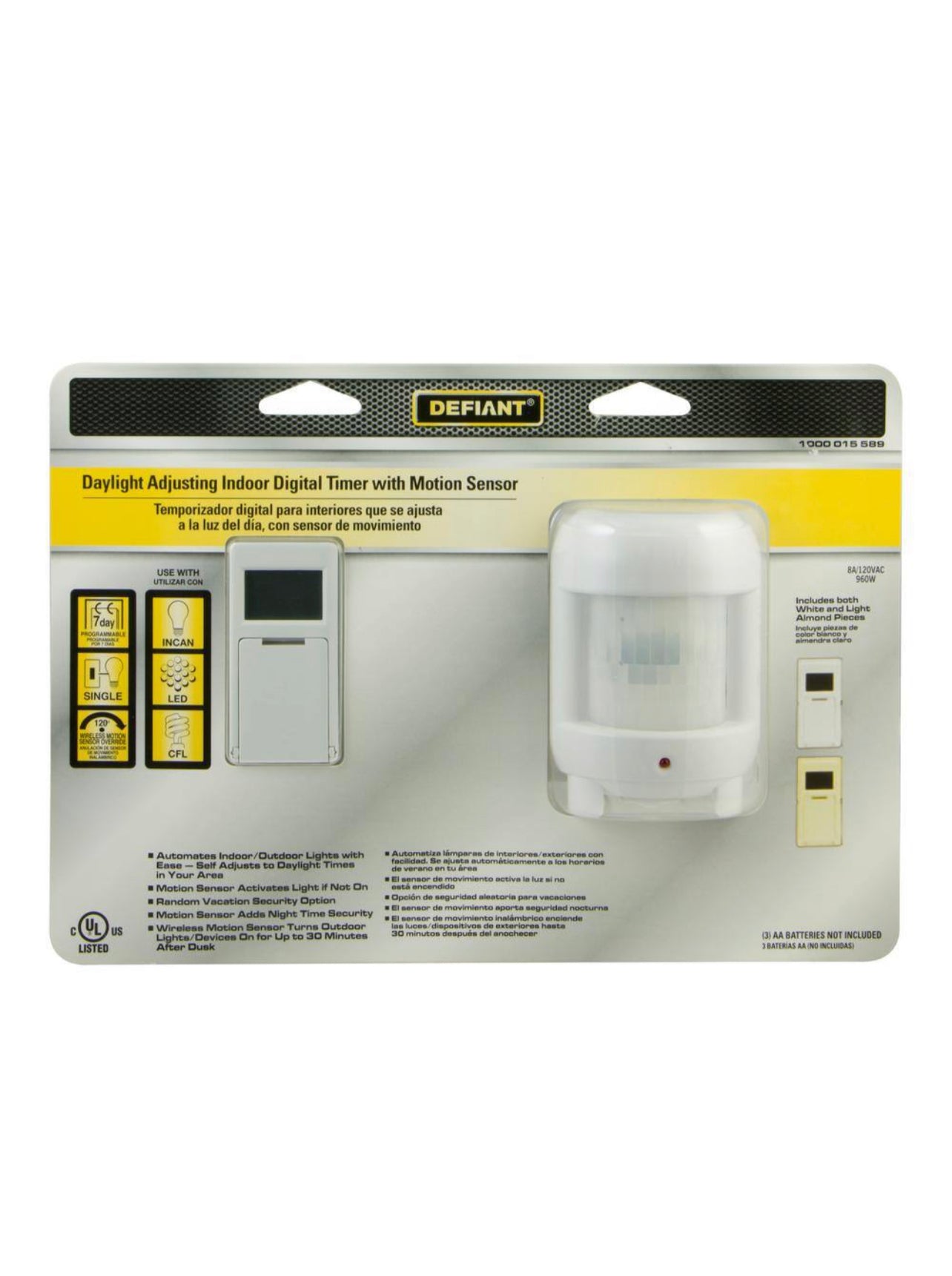 Defiant 8 Amp 7 White-Day Indoor In-Wall SunSmart Digital Timer Switch with Motion Sensor Damaged Box